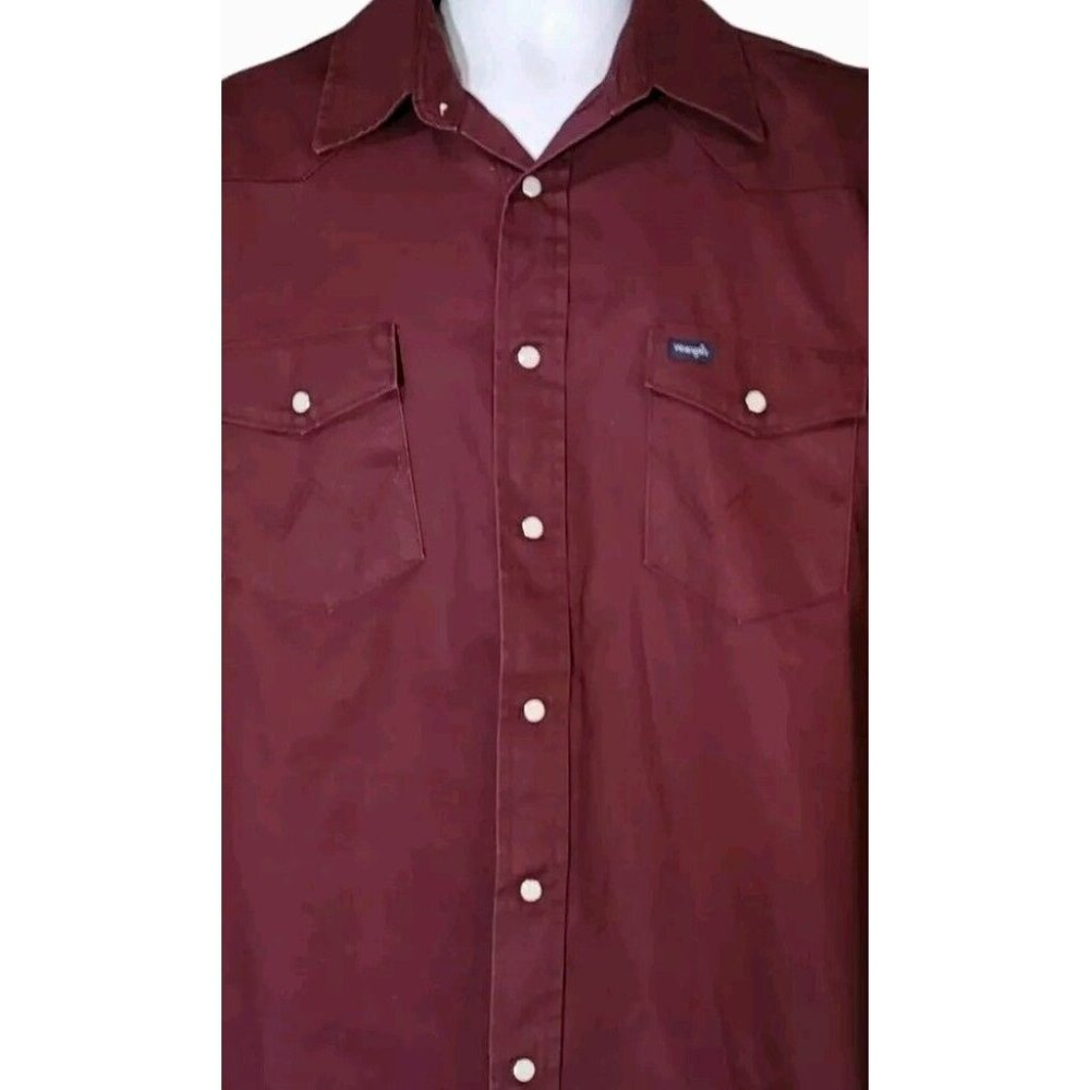 VTG Wrangler Shirt XL Western Pearl Snap Heavy Twill Long Sleeve Burgundy Pocket